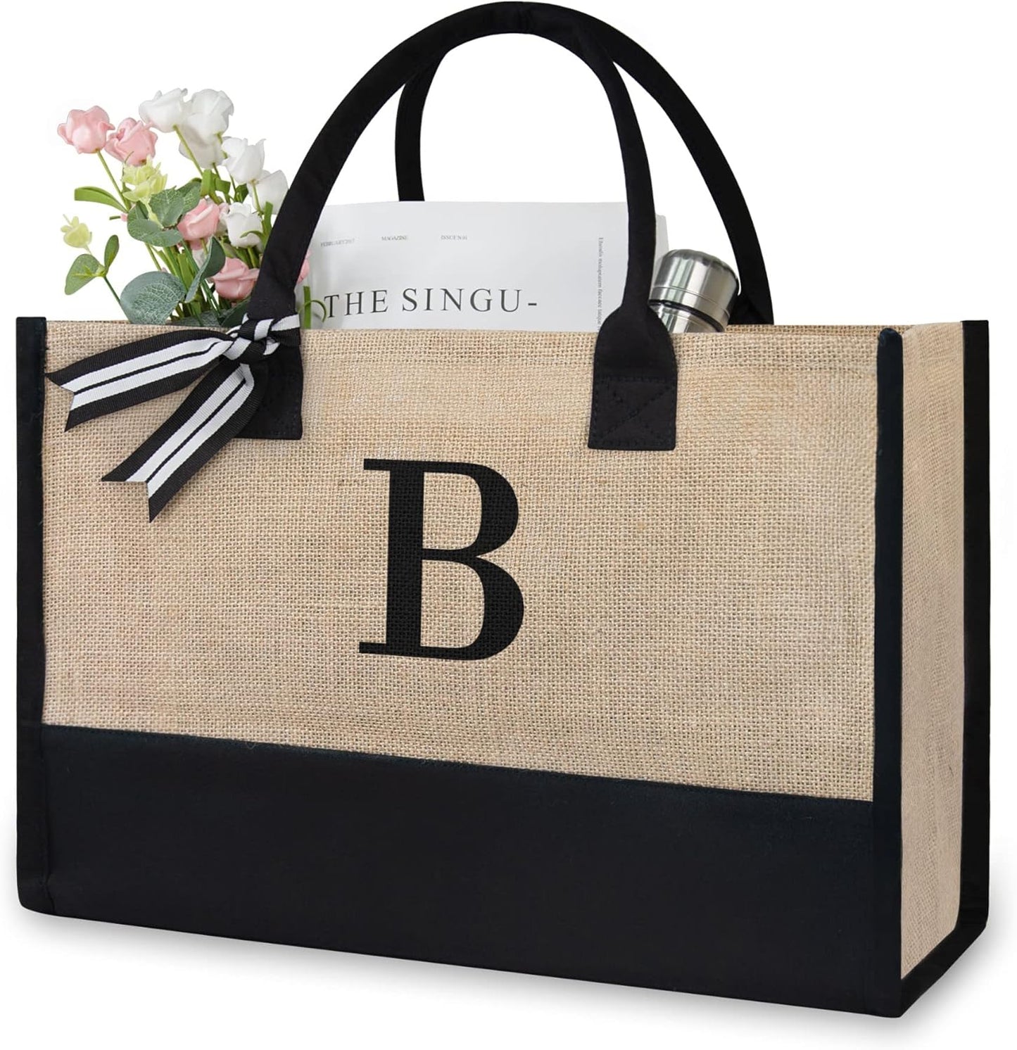 TOPDesign Initial Jute/Canvas Tote Bag, Personalized Present Bag, Suitable for Wedding, Birthday, Beach, Holiday, is a Great Gift for Women, Mom, Teachers, Friends, Bridesmaids (Letter B)