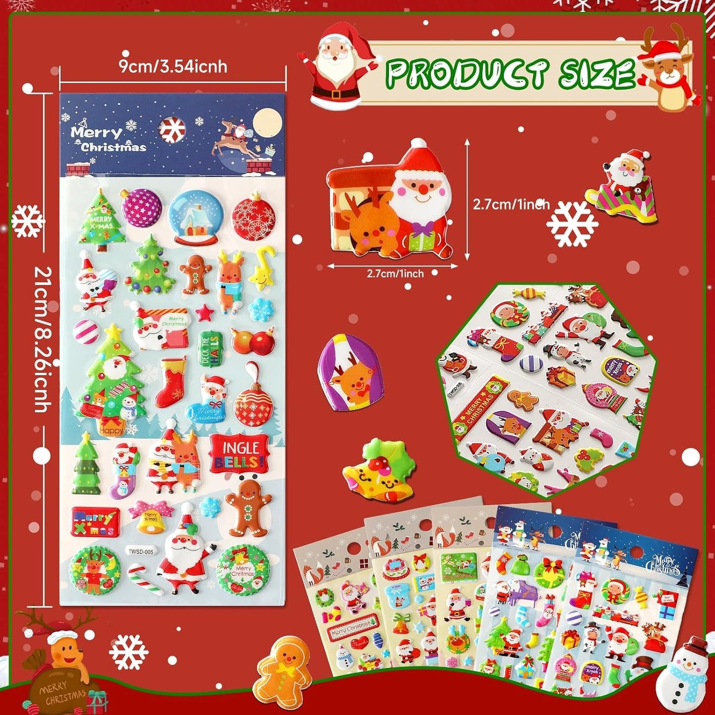 UPINS Christmas Stickers for Kids, 10 Sheets Holiday 3D Puffy Foam Decals - Cute Snowman, Reindeer, Tree, Santa for Party Favors, Scrapbooking, DIY Crafts