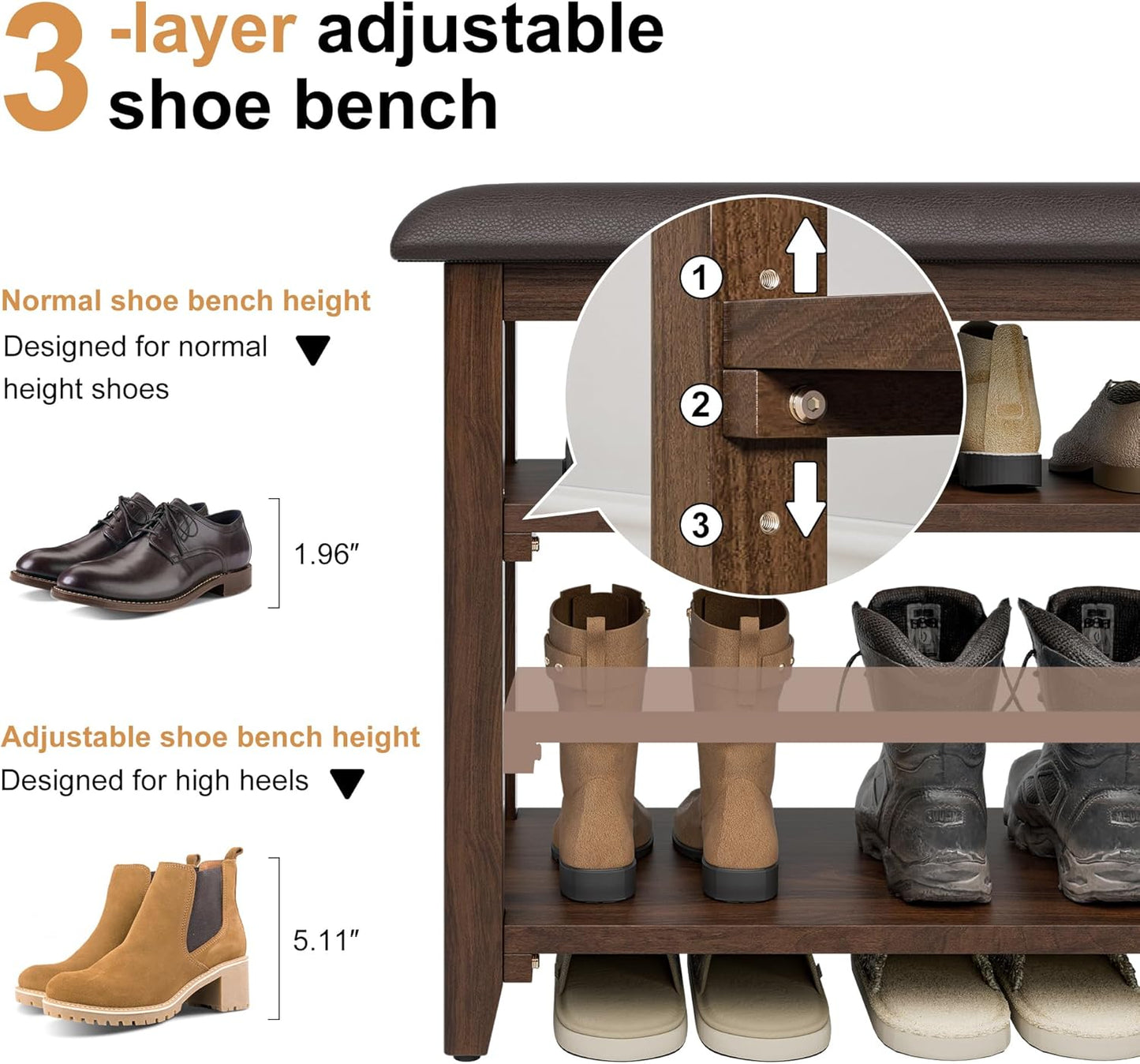 Shoe Bench Storage Rubberwood with Leather Cushion, Entryway Bench with 3-Tiers Height Adjustable, Shoe Rack Front Doors Entrances for Hallway Living Room,Mudrooms (Brown,39.4")