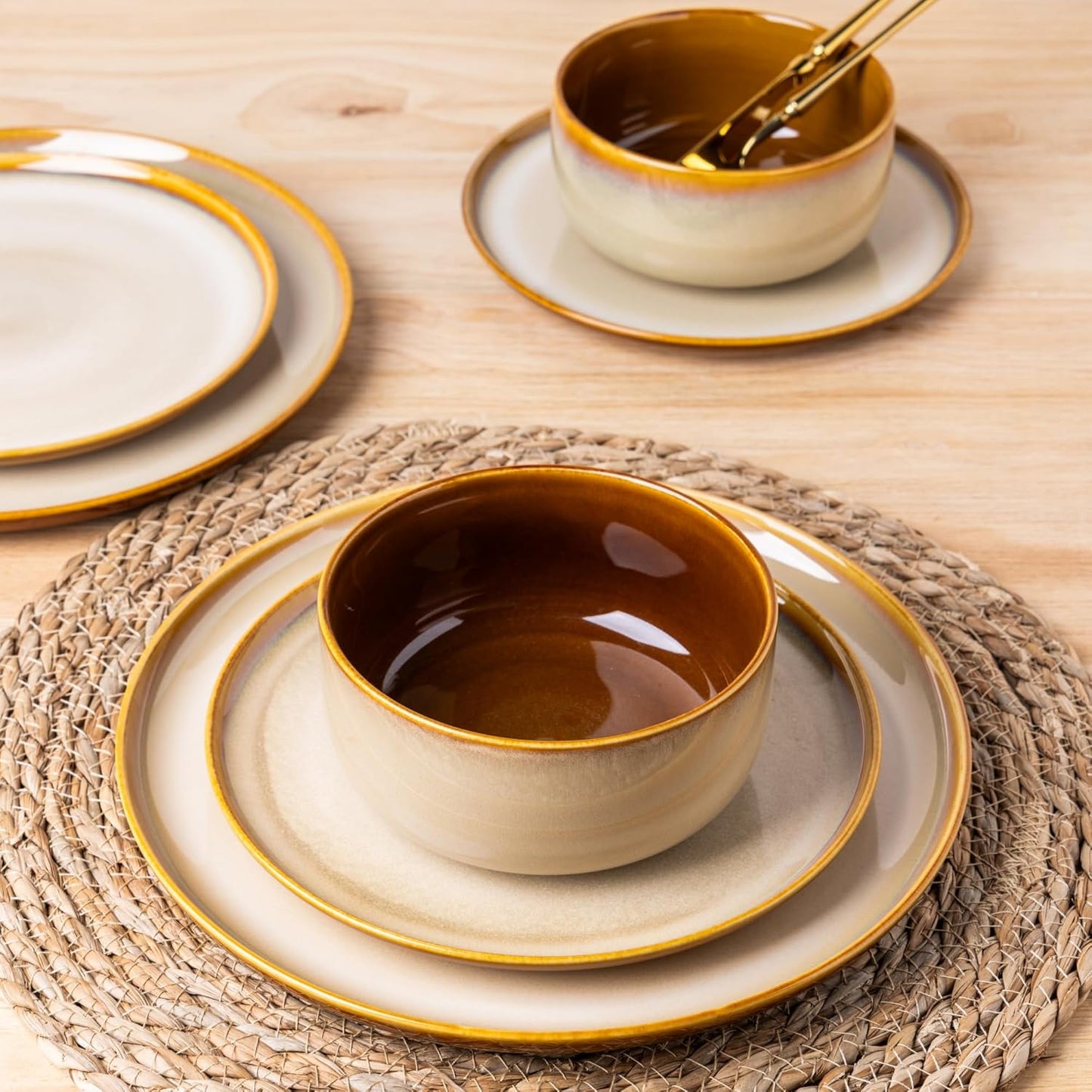 LeRatio Ceramic Dinnerware Sets for 4,12-Piece Plates and Bowls,Handmade Reactive Glaze Dishes Set,Chip Resistant and Scratch Resistant | Oven Dishwasher & Microwave Safe,Service for 4-Kahki
