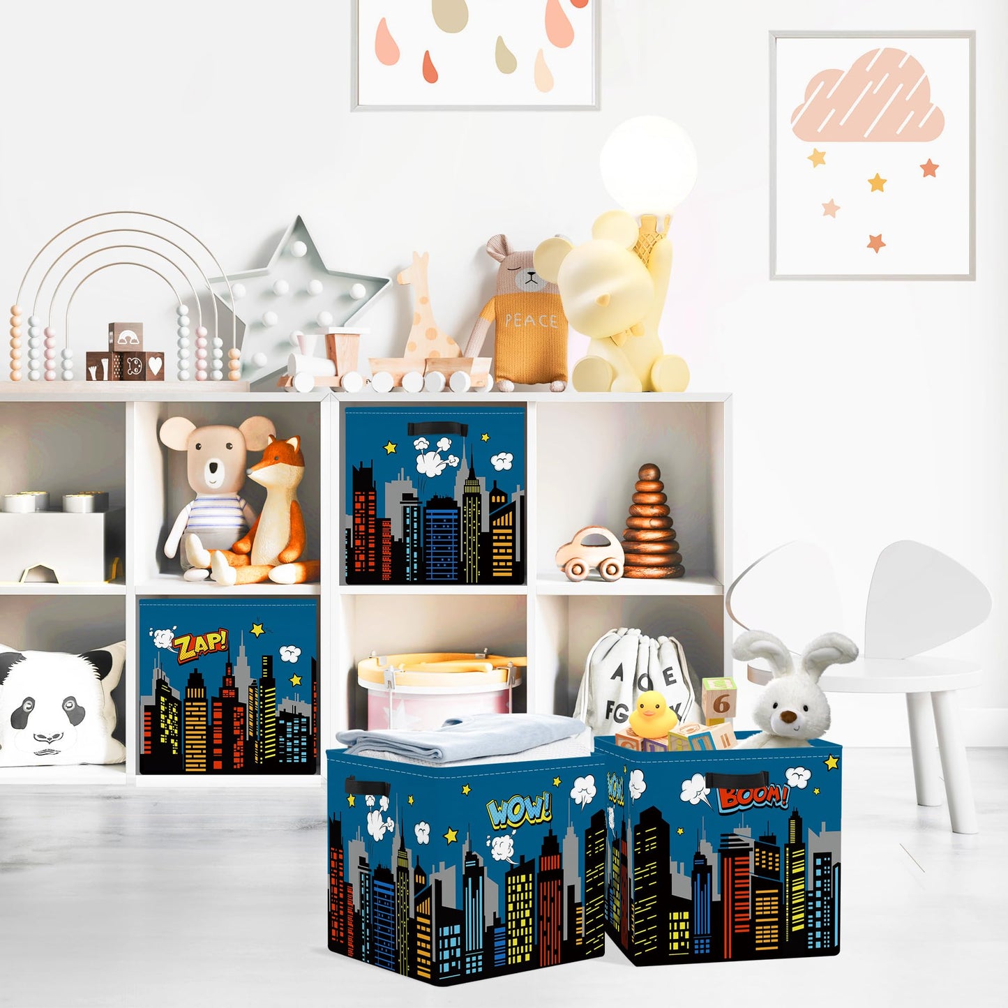 Clastyle Cityscape Hero Kid Storage Cube Organizer Set Skyline Building Silhouette Closet Clothes Cube Storage Bin Nursery Toddler Toy Box Chest Girl Boy Book Shelf Basket,Comic,11.8x11.8x11.8 in