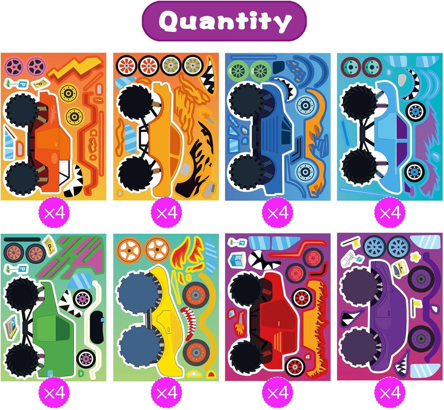 32PCS Monster Truck Stickers, Make Your Own Stickers, Monster Truck Themed Birthday Party Favor, Cartoon Car Make-a-face Sticker Teacher Classroom Rewards Activities for Girls Boys
