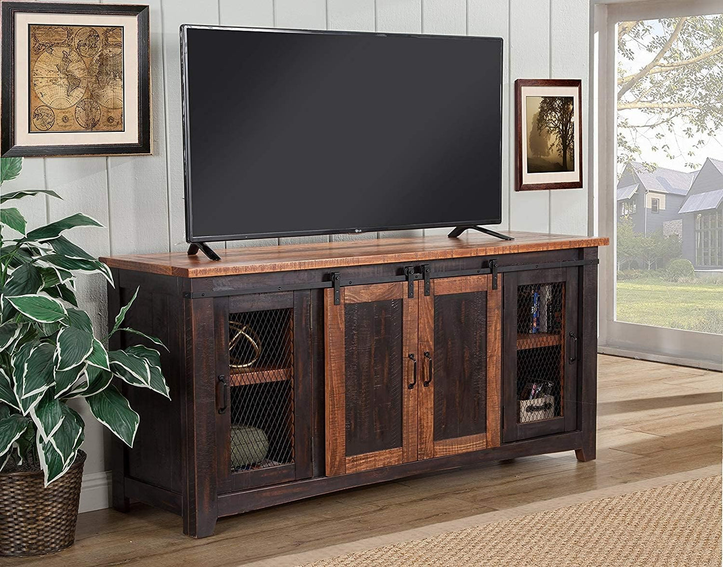 Martin Svensson Home Santa Fe Solid Wood TV Stand, 65", Antique Black and Aged Distressed Pine