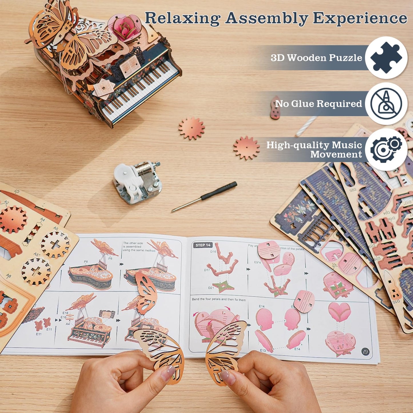 3D Wooden Puzzles for Adults, Magic Piano 3D Puzzle Mechanical Model Kit Music Box, DIY Wooden Model Building Hobby Gifts for Men Women, Birthday Gift for Music Box Puzzle Lover