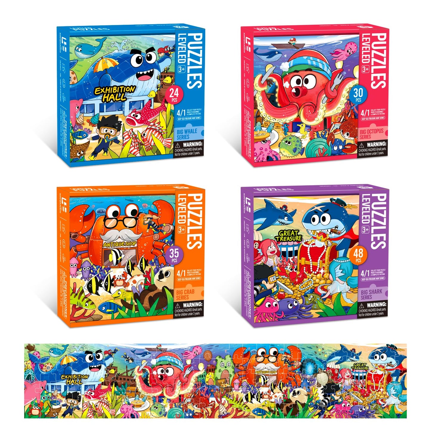 Underwater Ocean Puzzles for Kids Ages 3-8，4 Pack Progressive Jigsaw Puzzles (24/30/35/48 Pieces) for Toddlers & Children，Educational Floor Puzzles for Gifts