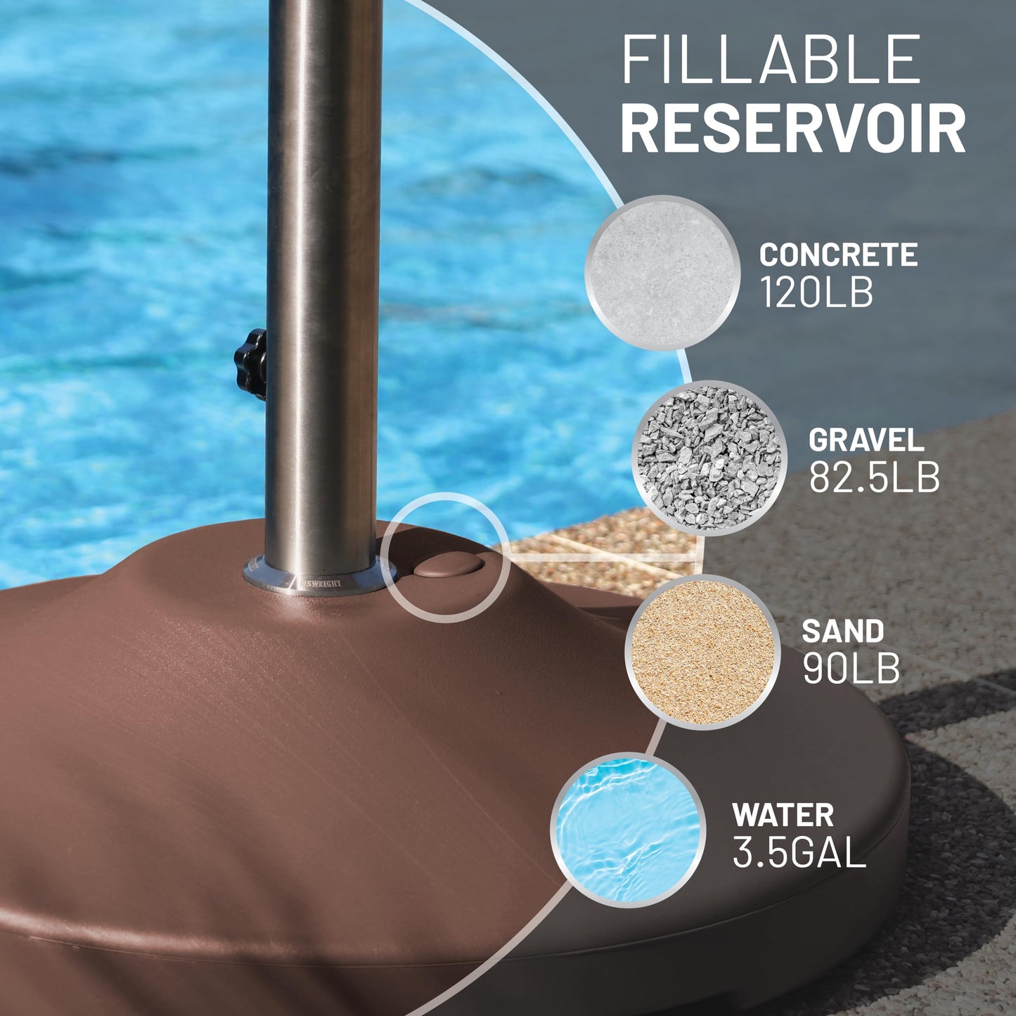 US Weight Fillable 120lb Capacity Commercial Free Standing Umbrella Base Heavy Duty, Umbrella Base with Wheels, Fillable Patio Umbrella Base Outdoor Stand, Made in The USA, Bronze