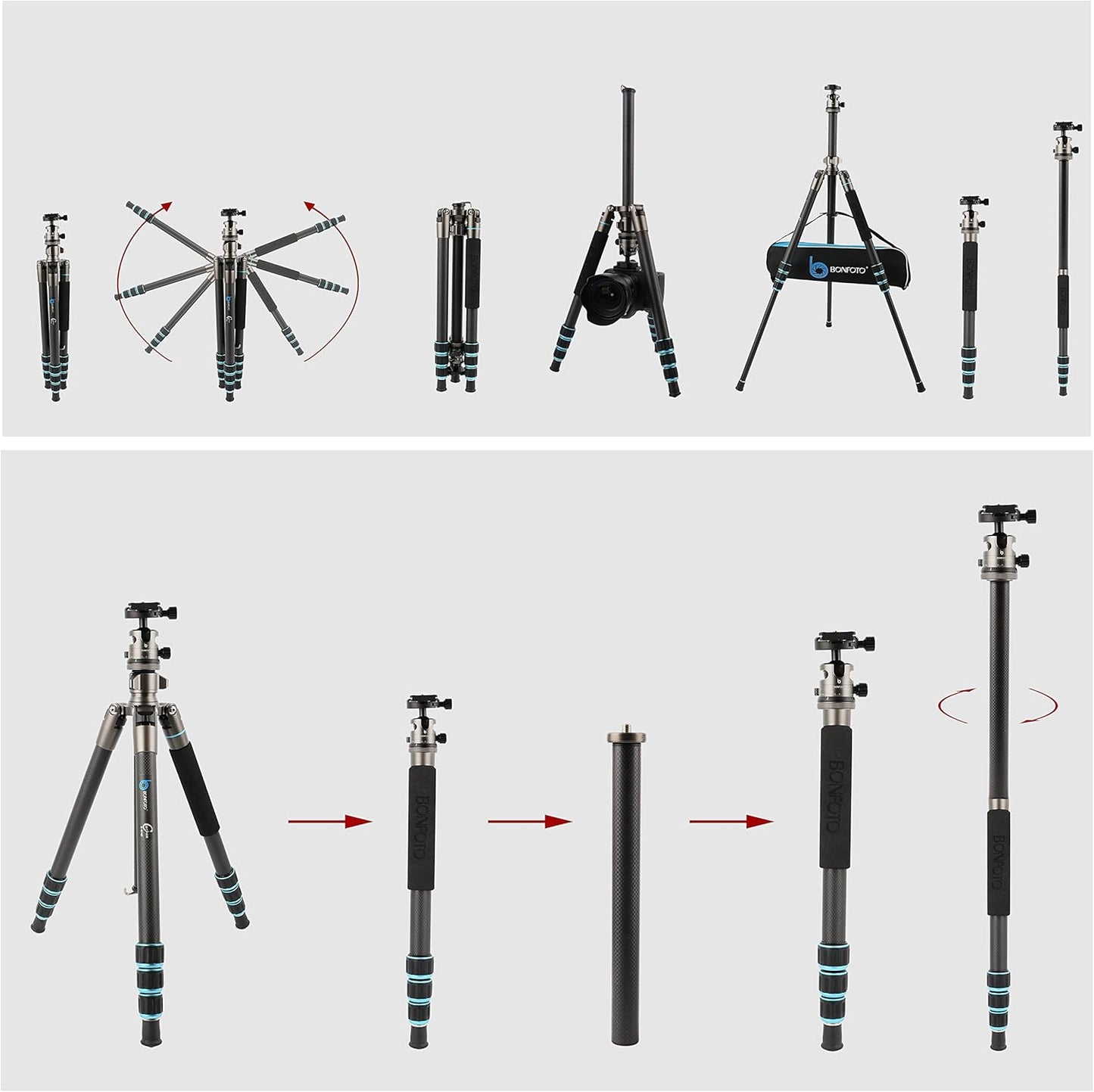 BONFOTO Portable Aluminum Alloy B674A Lightweight Camera Travel Tripod Monopod with Ball Head for DSLR (Bronze Grey)