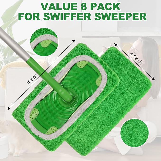 8 Pack Reusable Microfiber Mop Pads Compatible with Swiffer Sweeper, Machine Washable Microfiber Pads Refill for Wet & Dry Floor Cleaning, Mopping Pad Refills Fits Hardwood, Marble, Tile & Laminate