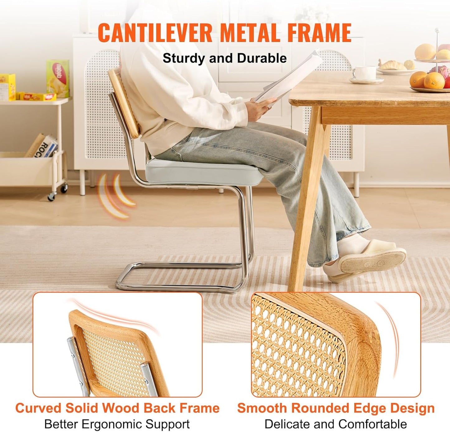 VEVOR Rattan Dining Chairs Set of 4, Mid Century Modern Dining Chair, Upholstered Velvet Accent Chair with Rattan Back, Retro Dining Room Kitchen Chair for Living Room, Bedroom(18.1 Inch)