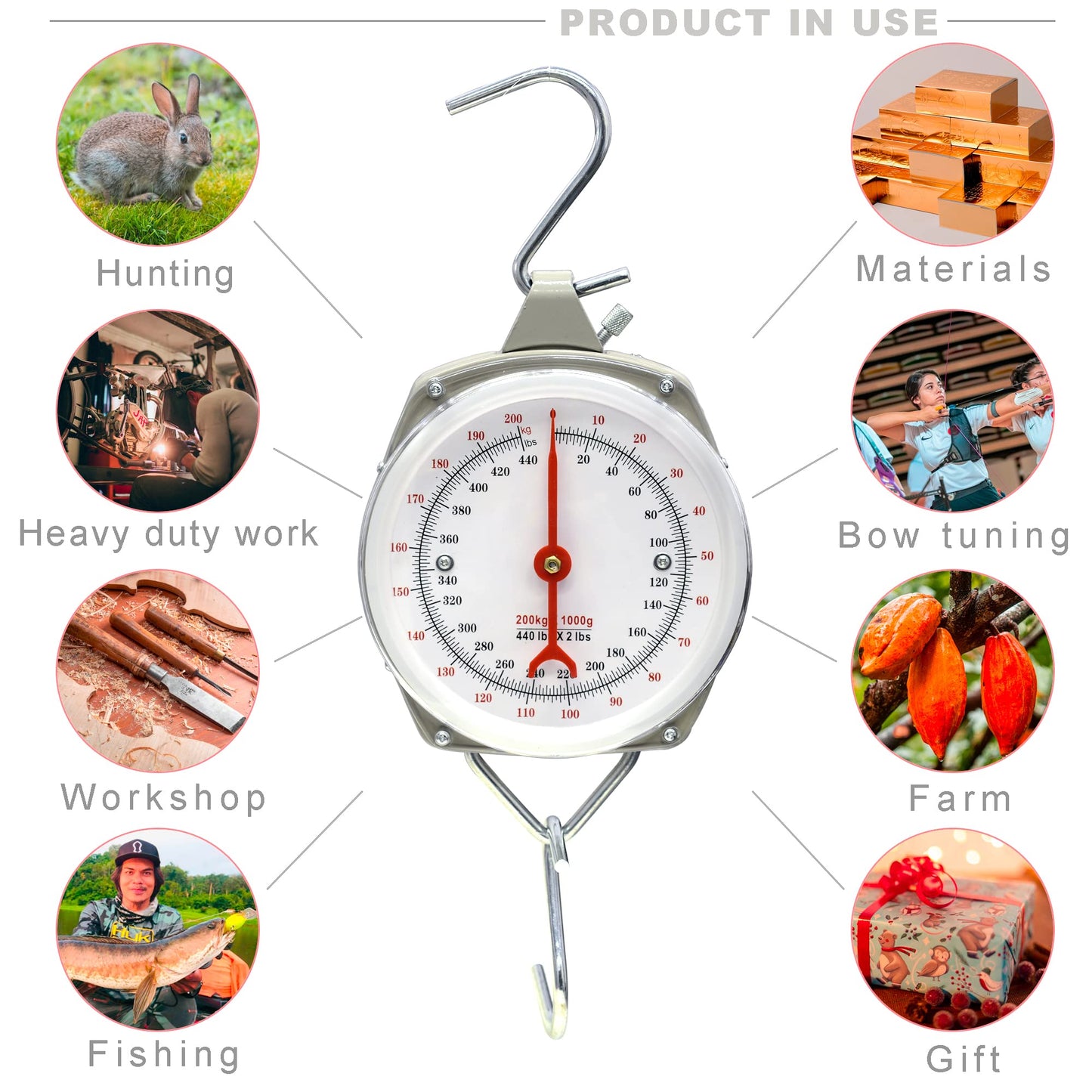 Eyes.sys 440lb/200kg. Big Game Scale，Large Capacity Hanging Spring Dial Weight Scale with 2 S-Hooks for Kitchen Fishing (Easy to Read Dial)