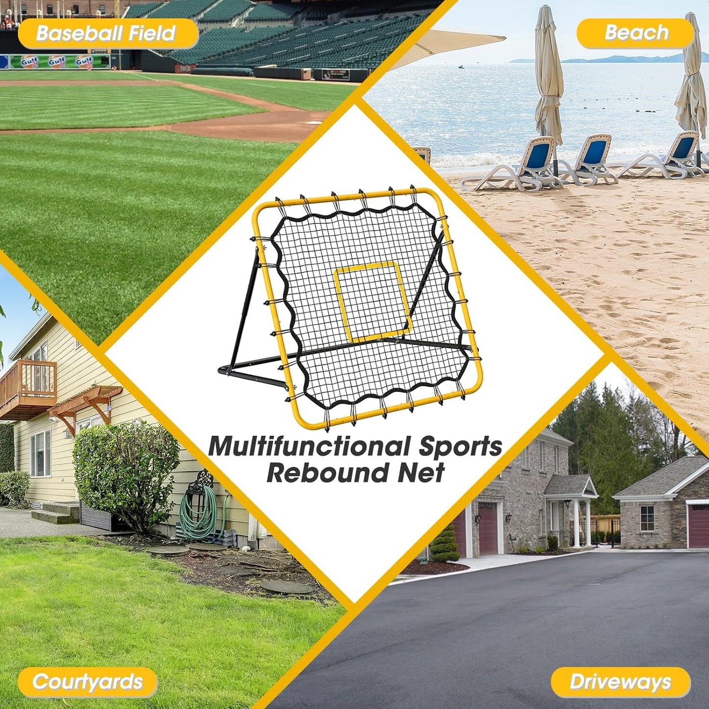 3.7×3.7FT Soccer and Baseball Rebounder Net,Volleyball Rebounder,Pitch Back Net,Multi-Sport Training Rebound Net,with Pitching Target,Adjustable Angles