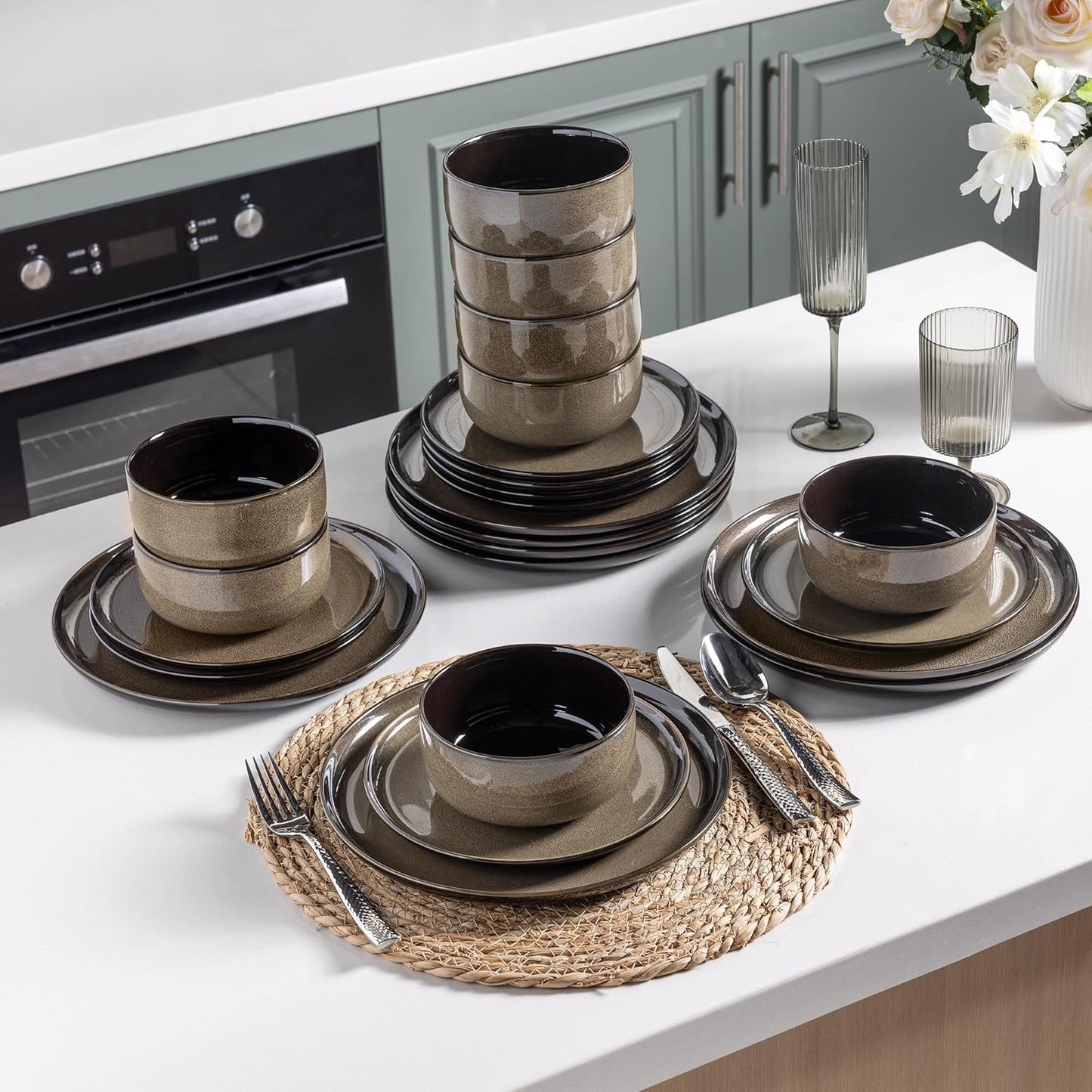 LeRatio Ceramic Dinnerware Sets for 4,12-Piece Plates and Bowls,Handmade Reactive Glaze Dishes Set,Chip Resistant and Scratch Resistant | Oven&Dishwasher & Microwave Safe,Service for 4-Coffee
