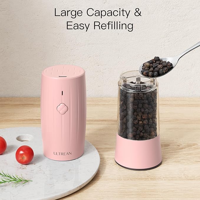 Ultrean Electric Salt and Pepper Grinder Set, Rechargeable Salt and Pepper Shakers, 6 Adjustable Coarseness, LED Light, Kitchen Gadget & Christmas Gifts, Pink