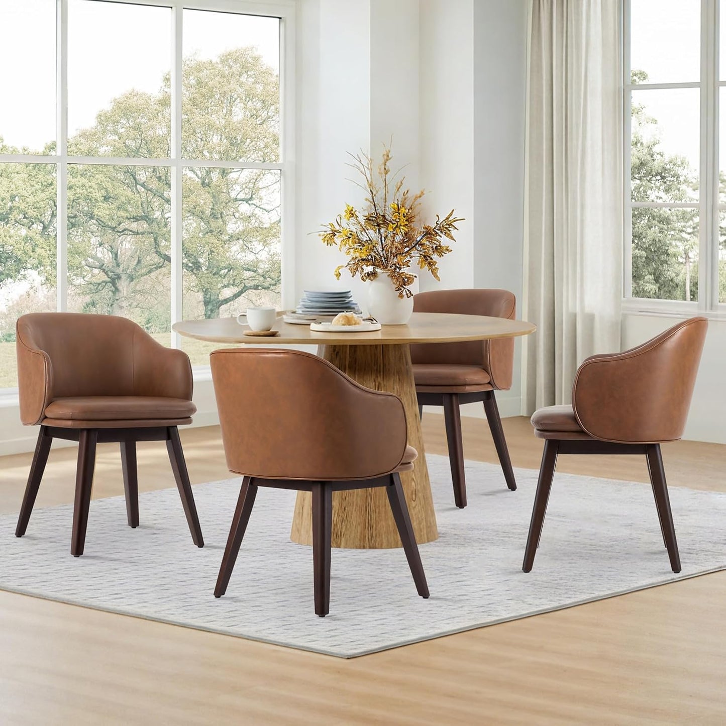 Wooden Dining Chairs Set of 4, Faux Leather Upholstered Modern Dining Room Chairs with Barrel Backrest & Double-Layer Thick Cushion for Living Room, Restaurant, Kitchen and Café, Brown, 2 Boxs