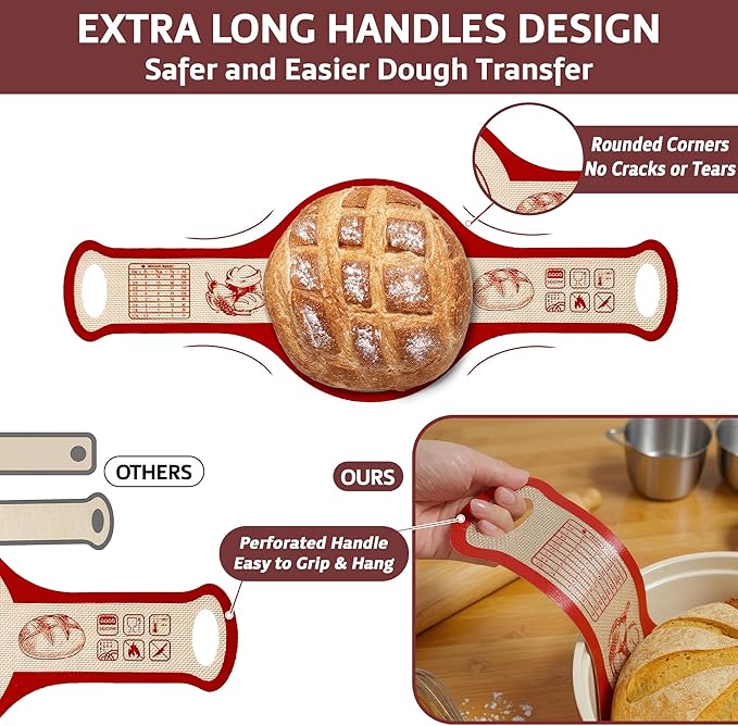 Silicone Bread Sling for Dutch Oven, 2 PCS Non-Stick Reusable Bread Baking Mats with Long Handles, Seamless Design Easy to Transfer Sourdough Sling Silicone Sourdough Sling Dough (Round Red, Gray)