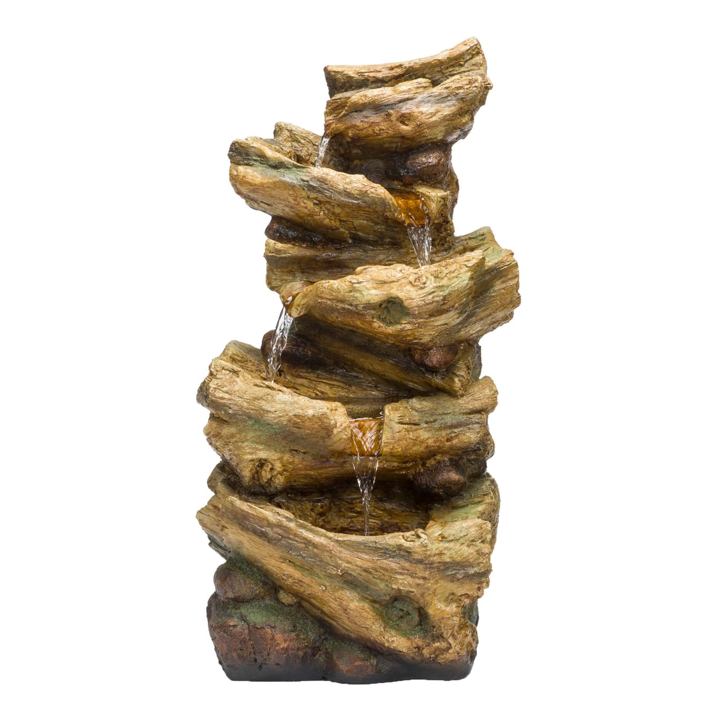 Alpine Corporation TZL226 Outdoor 4 Tier Log Tree Trunk Waterfall Floor Fountain with LED Lights, Tiered Garden Décor, 24" H, Brown