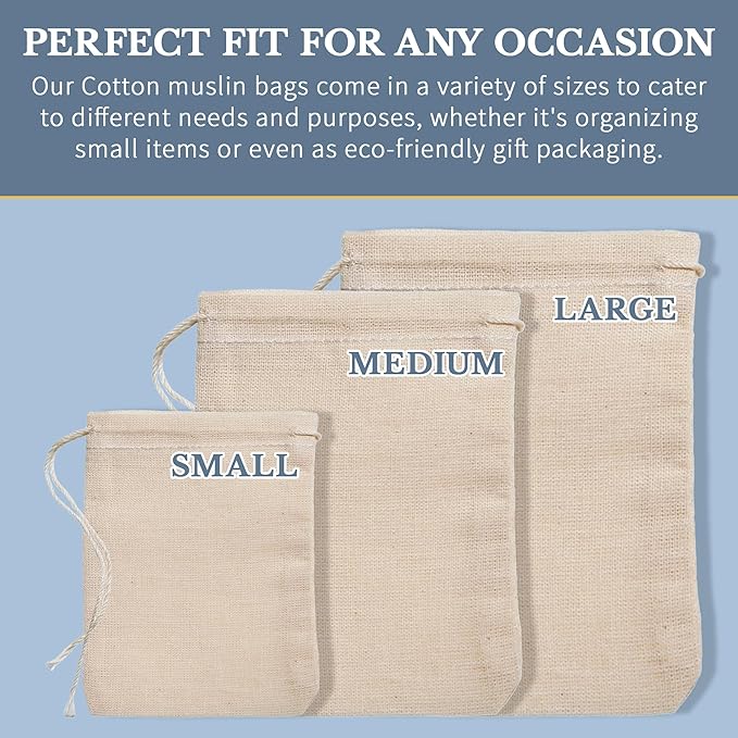 Cotton Muslin Bags 100 Count (2.75 x 3.75 inches) Natural Drawstring, made with 100% cotton in the USA by Celestial Gifts