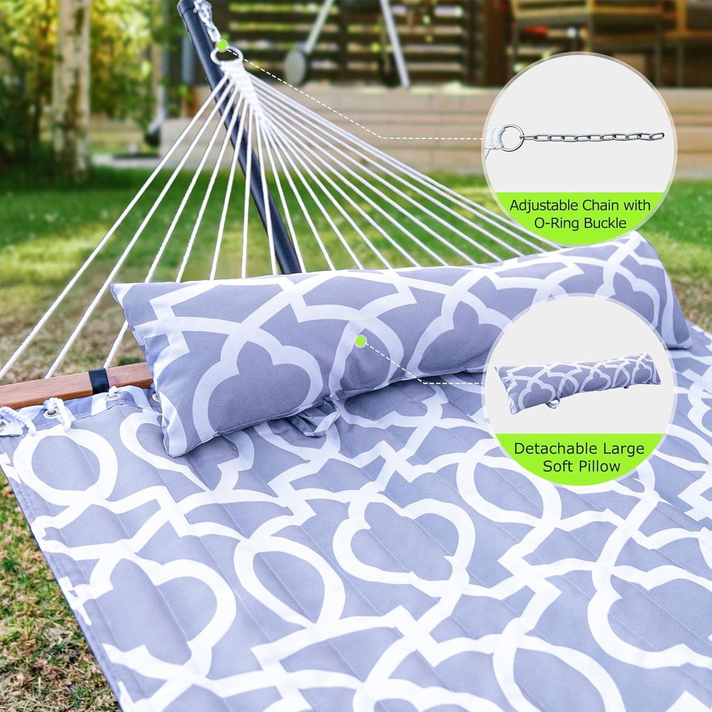 Double Hammock with Stand for Outdoor, Heavy Duty Portable Hammock with Adjustable Steel Stand for Patio, Garden, Beach, Backyard - Includes Carrying Bag,Round Gray