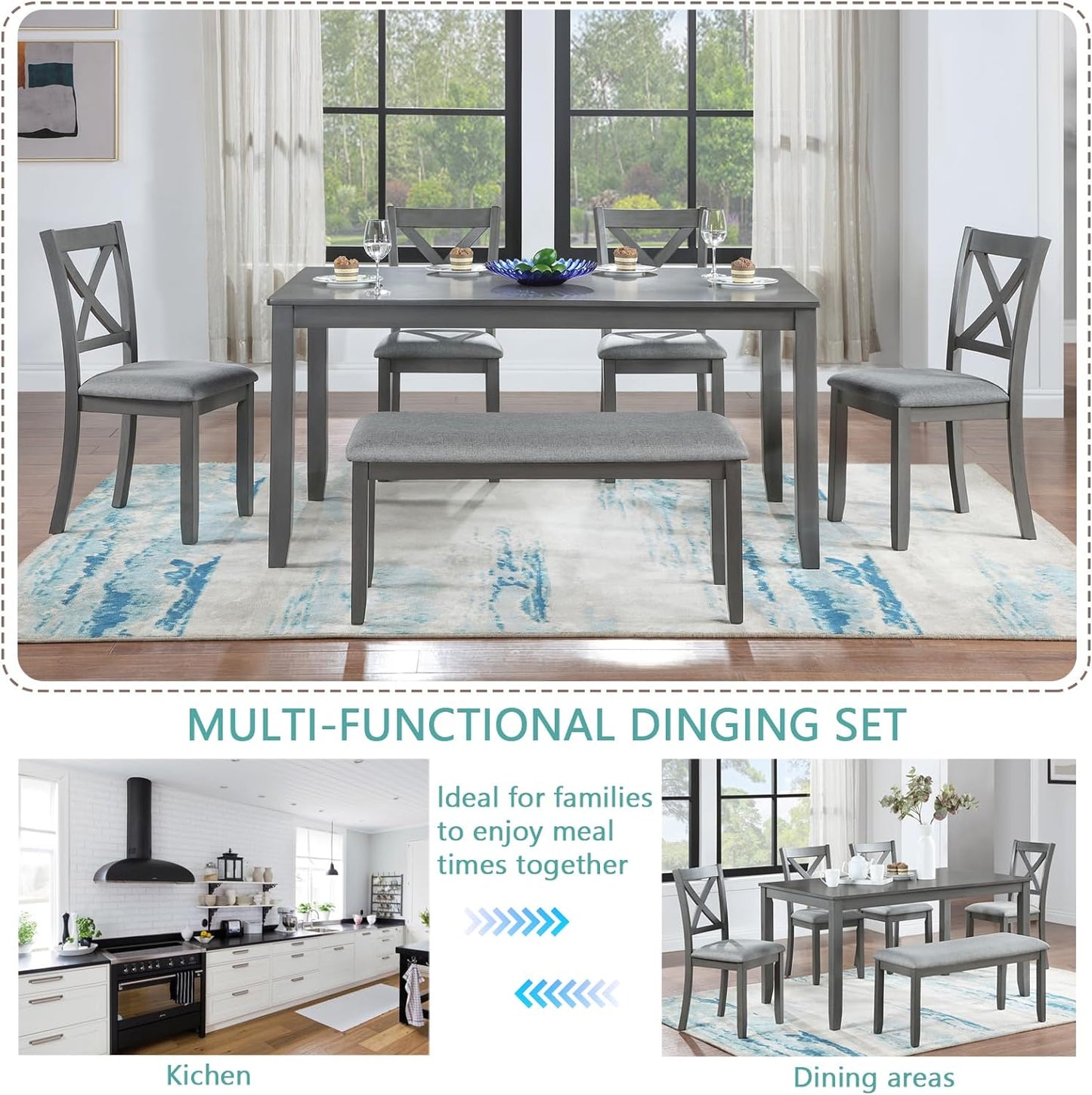 KEIKI 6-Piece Standard Height Dining Table Set with Rectangular Table, 4 Upholstered X-Shaped Backrset Chair, Bench, for 6 Person, Modern Style Table Set, Easy Assembly, for Kitchen, Dining Room, Gray
