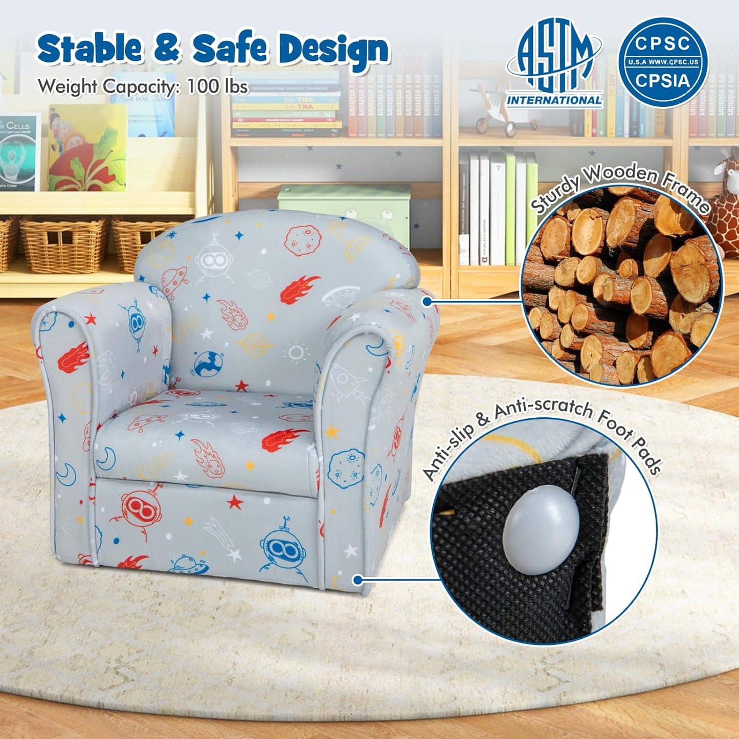 Costzon Kids Couch, Children's Sofa Armrest Chair with Pattern, Toddler Furniture w/Sturdy Wood Construction, Preschool, Lightweight Kids Couch Sofa Chair for Aged 1-5 Boys & Girls Gifts, Aliens