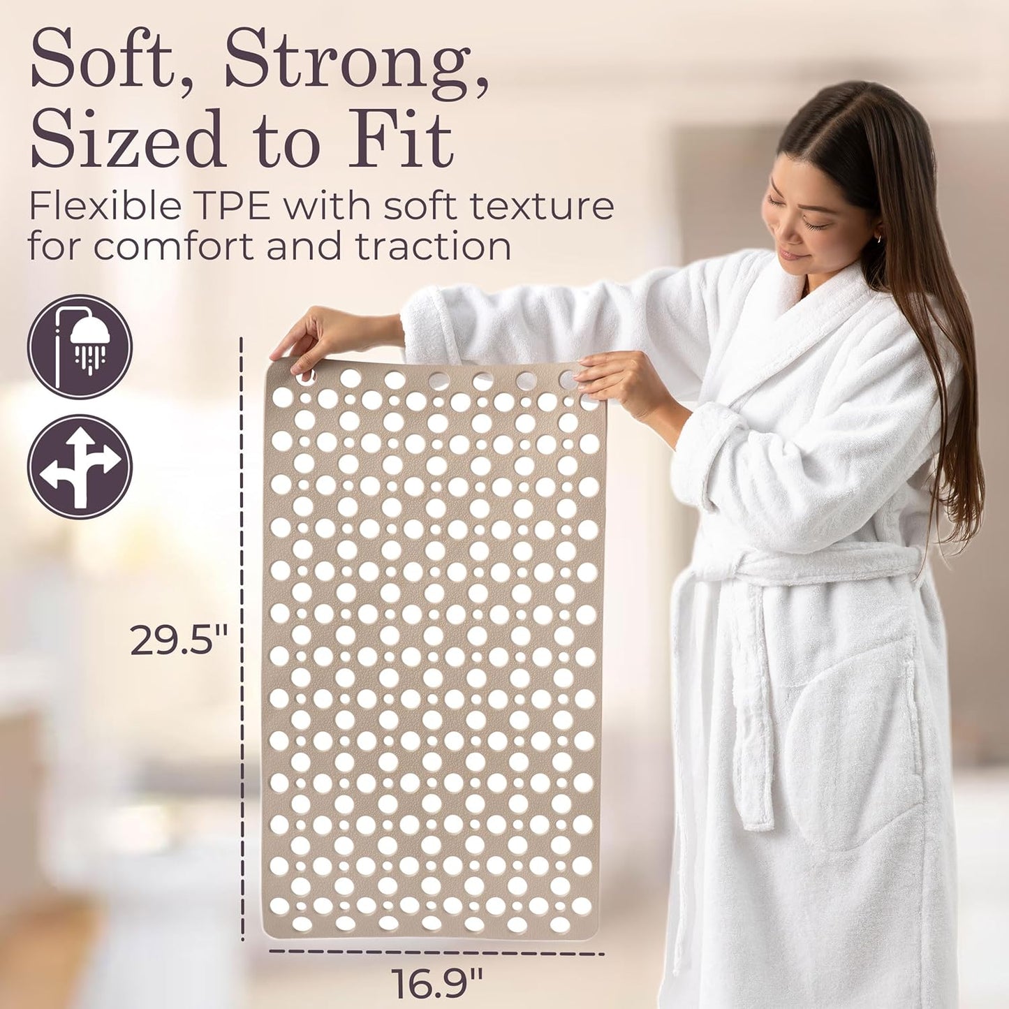 Non Slip Bathtub Mat and Shower Mat Beige TPE Strong Suction Cups Aesthetic Bath Mat for Inside Shower with Soft Texture, Quick-Dry Drain Holes, Spa-Inspired Design 30x17” (75x43 cm)