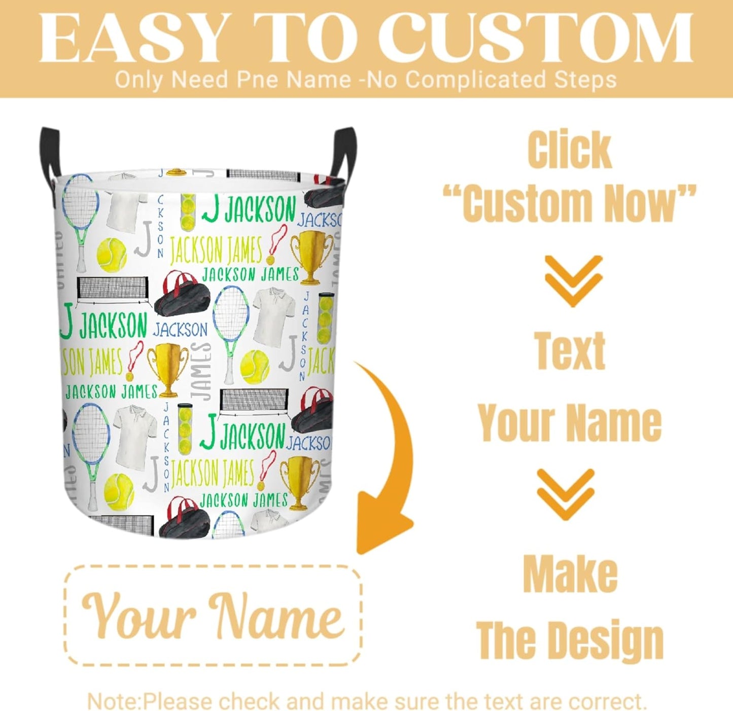 Personalized Tennis Laundry Basket, Custom Sports Laundry Hamper With Name Gifts For Kids Baby Adults, Collapsible Dirty Clothes Storage Organizer With Handles M 19.6 X 15.7in