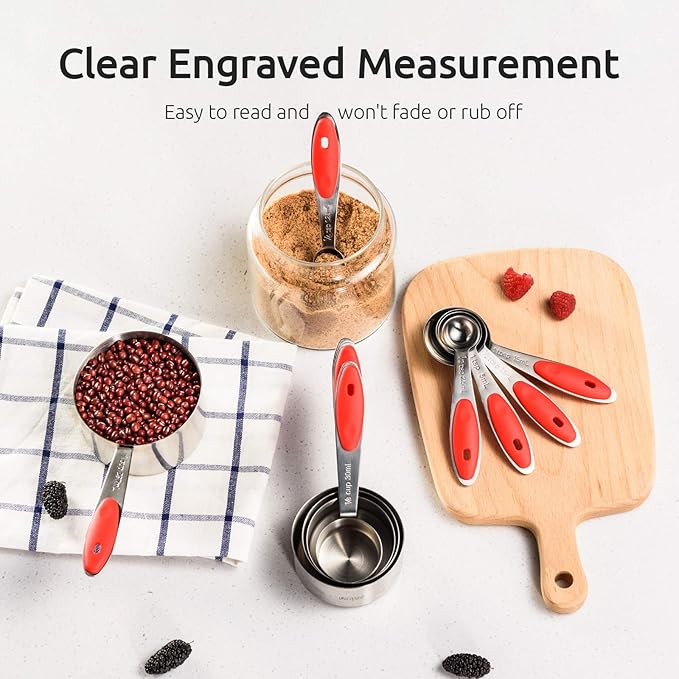 U-Taste 18/8 Stainless Steel Measuring Cups and Spoons Set and 600ºF High Heat-Resistant Kitchen Tong Set (Red)