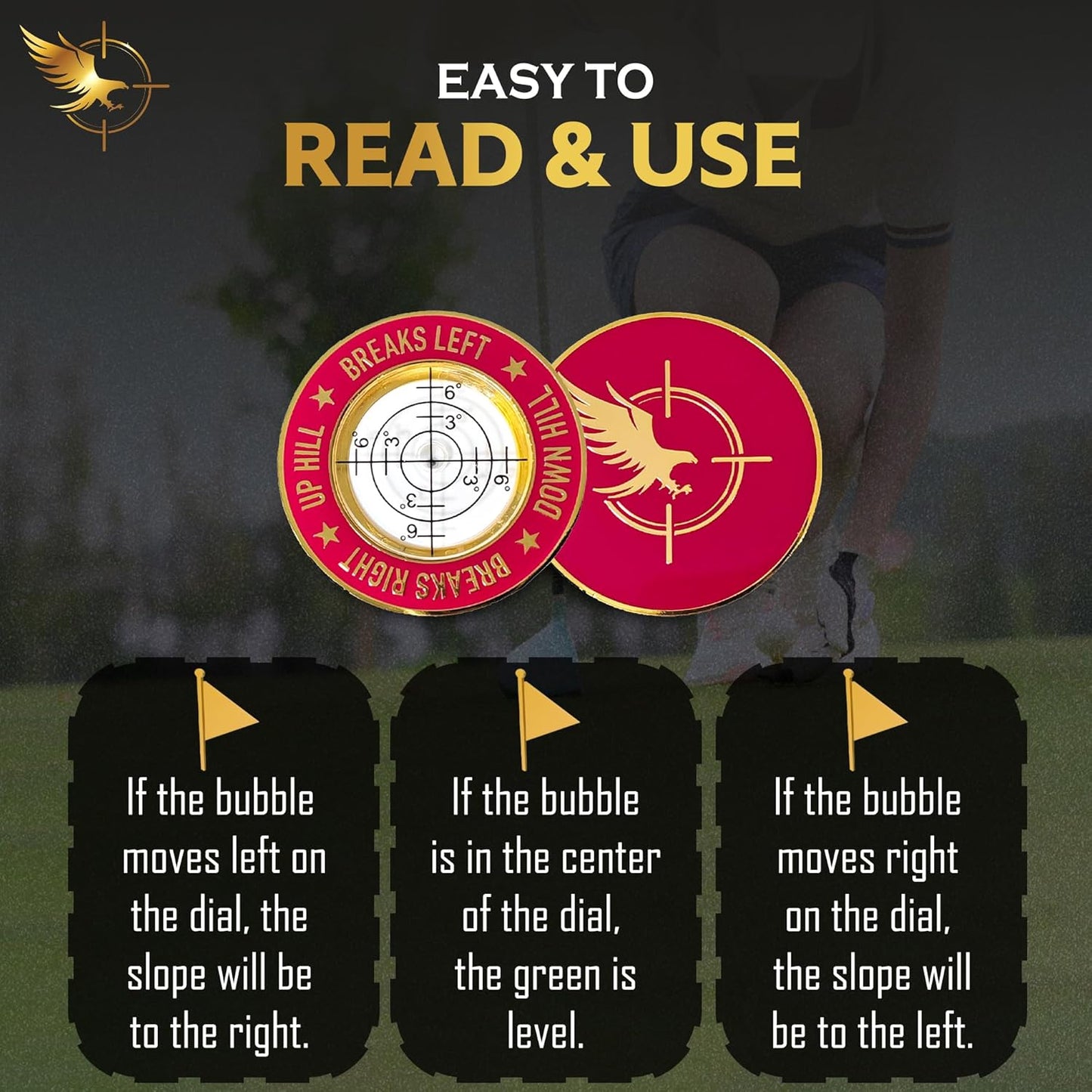 GOLD'N GOLF Pro Golf Green Reader, Level Golf Accessories for Men and Women, Golf Ball Marker, Putting Green Reading aid, Beautiful Gift for Golf Lovers