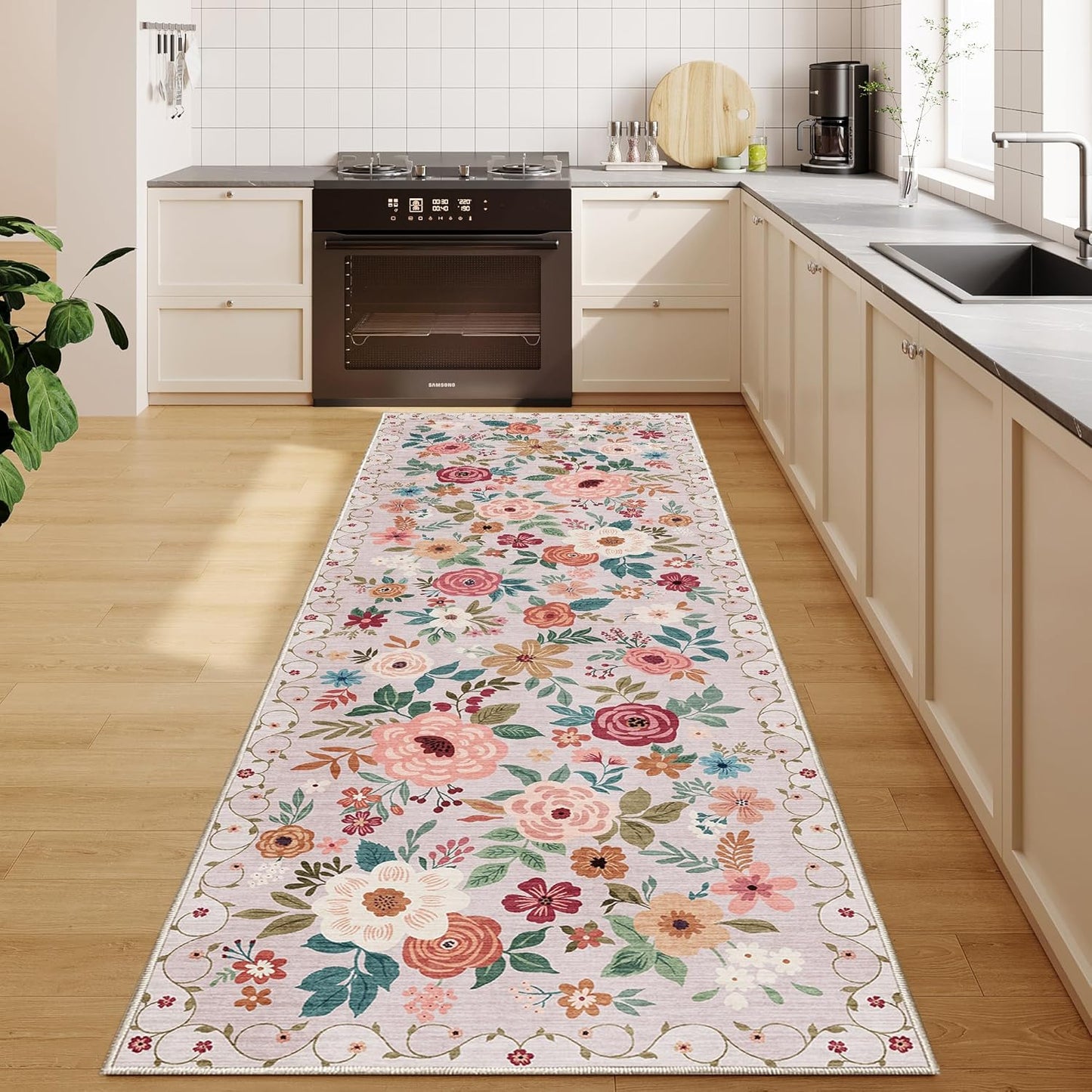 DUKINO Runner Rug, 2.6x8 Kitchen Runner Rug for Hallway with Non Slip Backing, Washable Low Pile Soft Boho Floral Carpet for Hallway, Kitchen, Entryway, Laundry, Bedroom, Beige