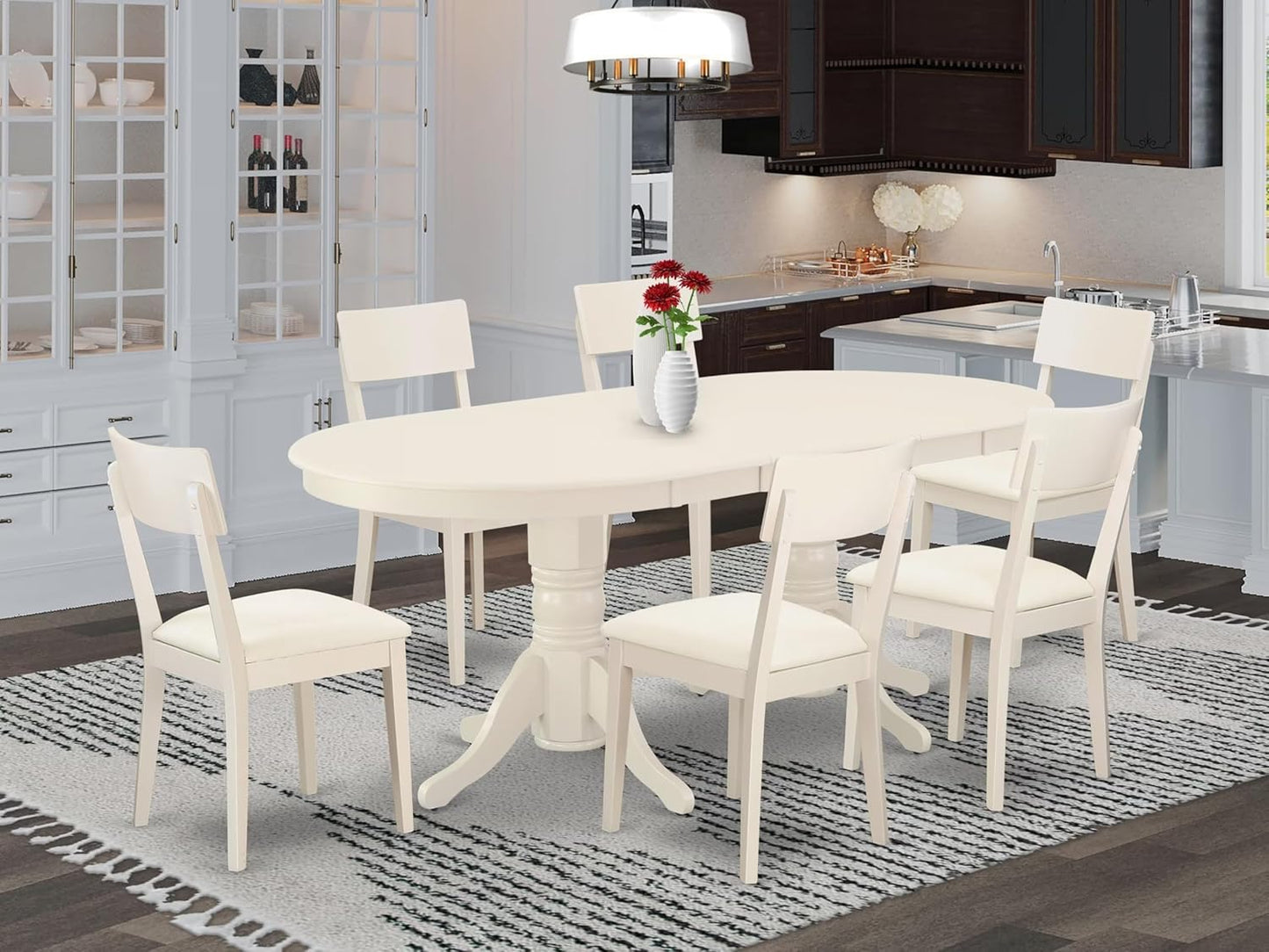 East West Furniture VAAD7-LWH-LC 7 Piece Dinette Set Consist of an Oval Dining Room Table with Butterfly Leaf and 6 Faux Leather Upholstered Dining Chairs, 40x76 Inch, Linen White