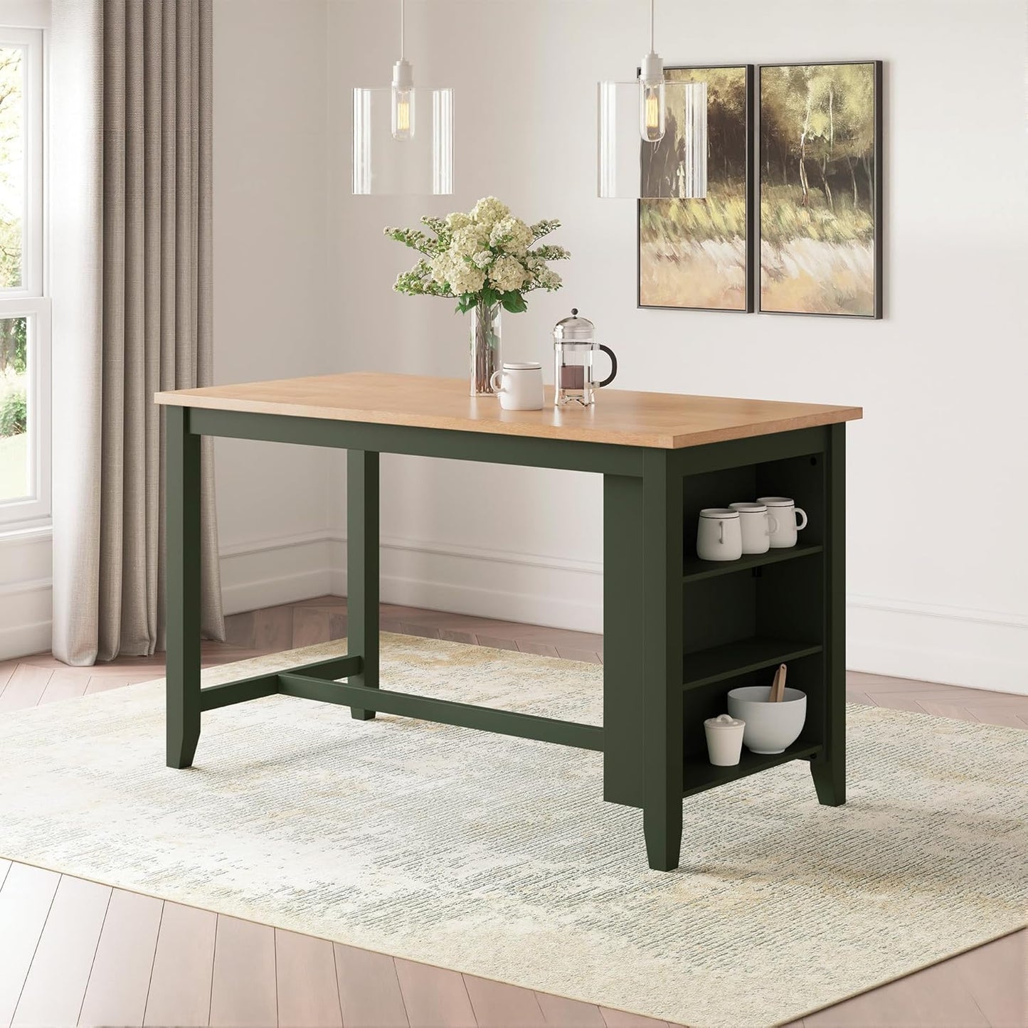 Signature Design by Ashley Gesthaven Modern Counter Height Dining Table with 3 Shelves and Trestle Base, Light Brown & Green