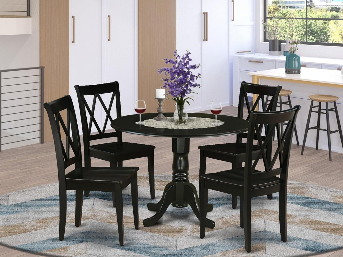 East West Furniture DLCL5-BLK-W 5 Piece Dining Table Set for 4 Includes a Round Kitchen Table with Dropleaf and 4 Dining Room Chairs, 42x42 Inch, Black