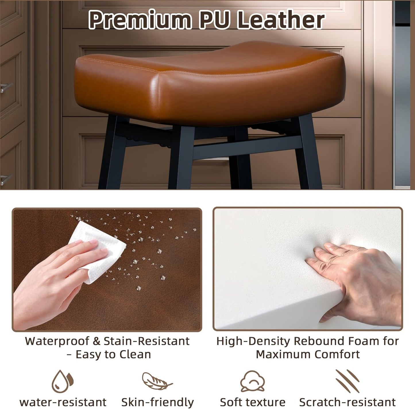 Counter Height Bar Stools Set of 2, 24 Inch Backless BarStools for Kitchen Island Leather Saddle Bar Chairs Kitchen Stools with 4" Thick Seats & Heavy Duty Metal Base, Brown