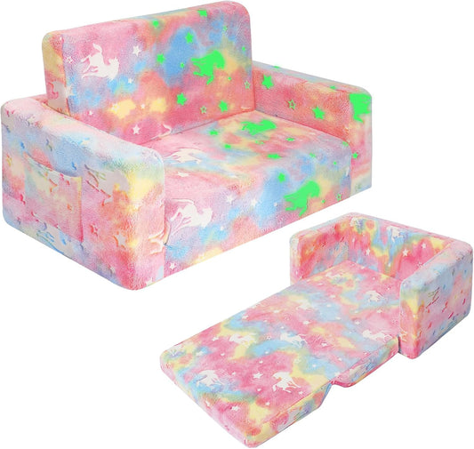 SLIGUY Kids Couch, Fold Out Kids Sofa Chair, Toddler Convertible Sofa to Lounger Pull Out Couch, Glow in The Dark Sofa Chair for Boys and Girls (Pink Large)