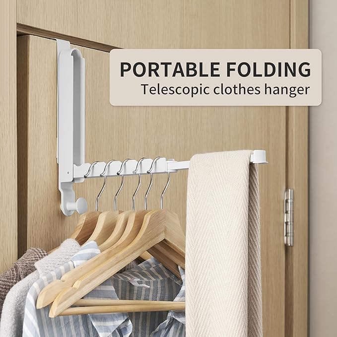 Clothes Drying Rack Foldable Fit Door up to 1 3/8" Optimal 1pc,Over The Door Hanger with Retractable Rod,Over The Door Hanger Hooks for Laundry Bathroom Bedroom Travel Hangers(White, 1 Pack)