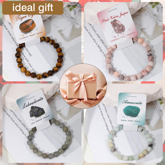 BOMAIL 9Pcs Healing Crystal Bracelets for Women Men 4mm 6mm 8mm Natural Stone Beaded Stretch Bracelet Set Handmade Gemstone Reiki Spiritual Jewelry Gifts