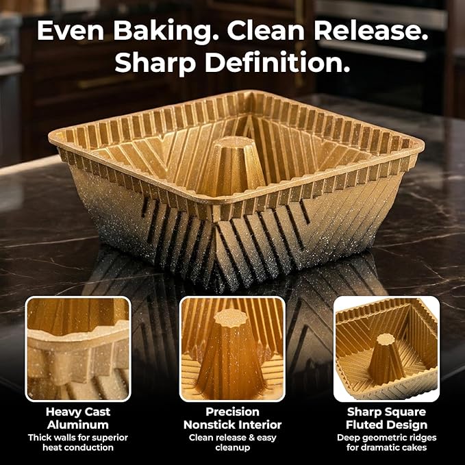 Square Fluted Tube Cake Pan, 10-Cup, Dual-Tone Gold & Black Shimmer Finish, Heavy Die-Cast Aluminum Nonstick Bakeware, 8.5-Inch Decorative Cake Mold, Easy Reales, Gift-Ready Box