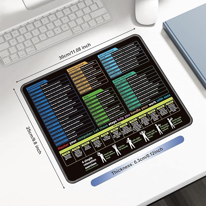 Excel Mouse pad—11.8 * 9.8inch Portable Size |Contains 5 Excel Function modules, FN Shortcut Keys and Practical Relaxation Exercises，Work、Study、Gaming Mouse pad