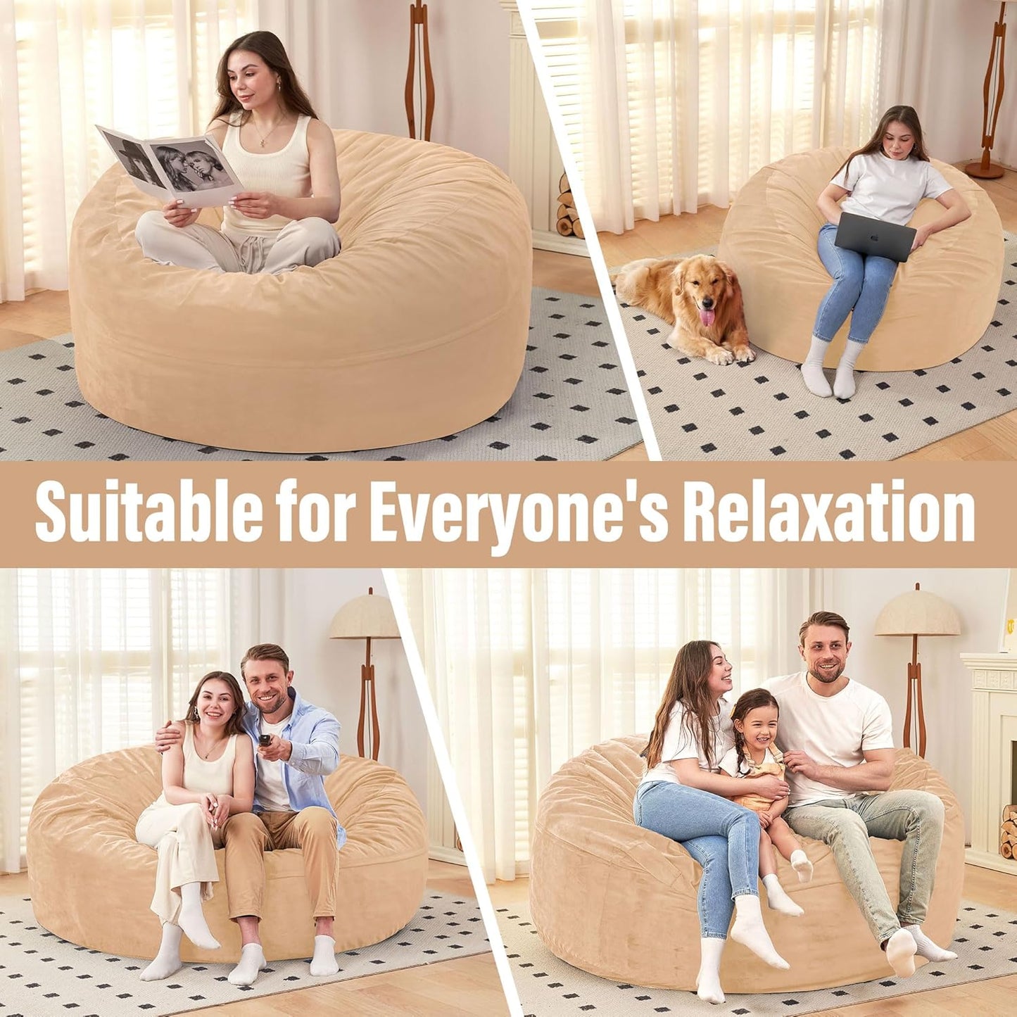HABUTWAY Bean Bag Chair: Giant 6' Memory Foam Furniture Bean Bag Chair with Microfiber Cover - 6Ft,Khaki