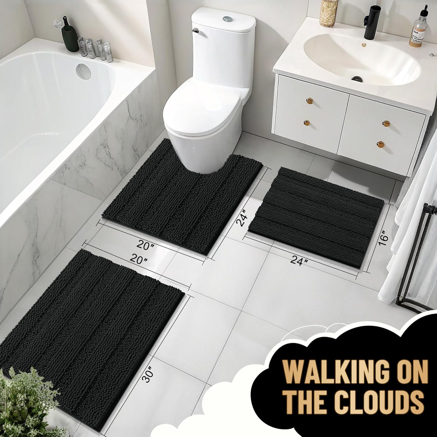 OLANLY Thick Bathroom Rugs 24x16, Extra Soft Absorbent Chenille Striped Bath Rugs, Rubber Backing, Machine Wash Dry, Bath Mats for Bathroom Floor, Tub and Shower, Home Decor Accessories, Black
