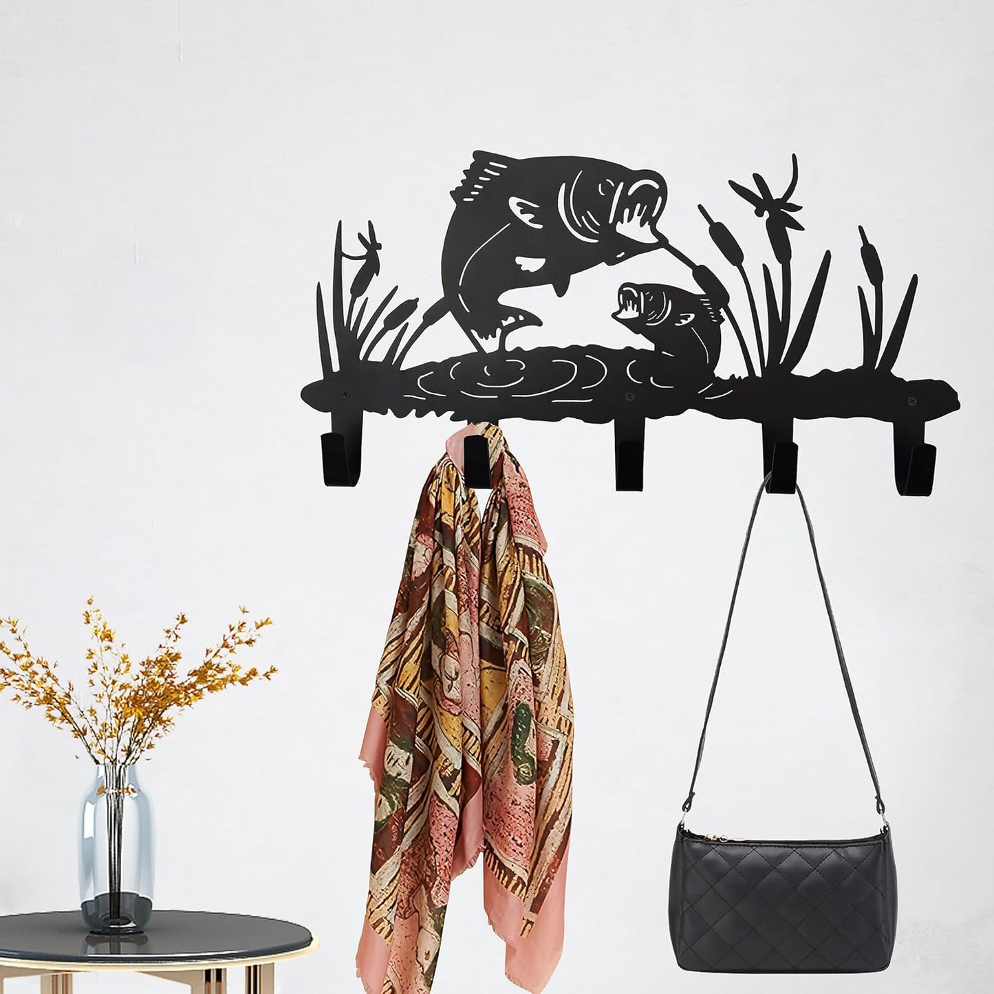 Metal Fish Coat Hooks Wall Art Decor-Fish Hangers and Key Holder-Clothes Rack and Backpack Hanger-Animal Theme Hooks Sweet Home Decor for Storage, Living Room, Hallway, Office (Black)