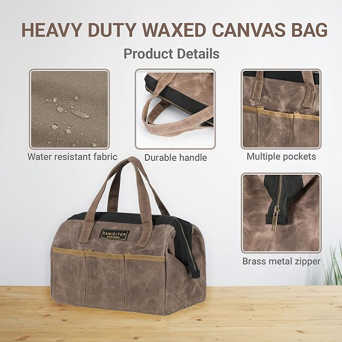 Tool Bag, 13-inch Heavy Duty 16oz Waxed Canvas Wide Mouth Water-Resistant Tool Bag, Tool Tote with Handle for Tools, Wrenches, Screwdrivers (13 X 7 X 9 inch) | Grey