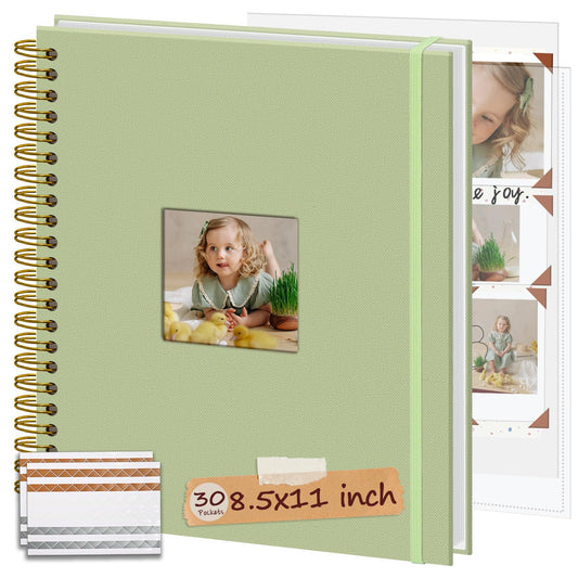 Hiwhy 8.5x11 Inch Scrapbook Photo Album, Linen Cover DIY Scrapbooks with 30 Sheets Plastic Sleeves 60 Pages Memory Book for Wedding Birthday Baby Travel (GrassGreen)