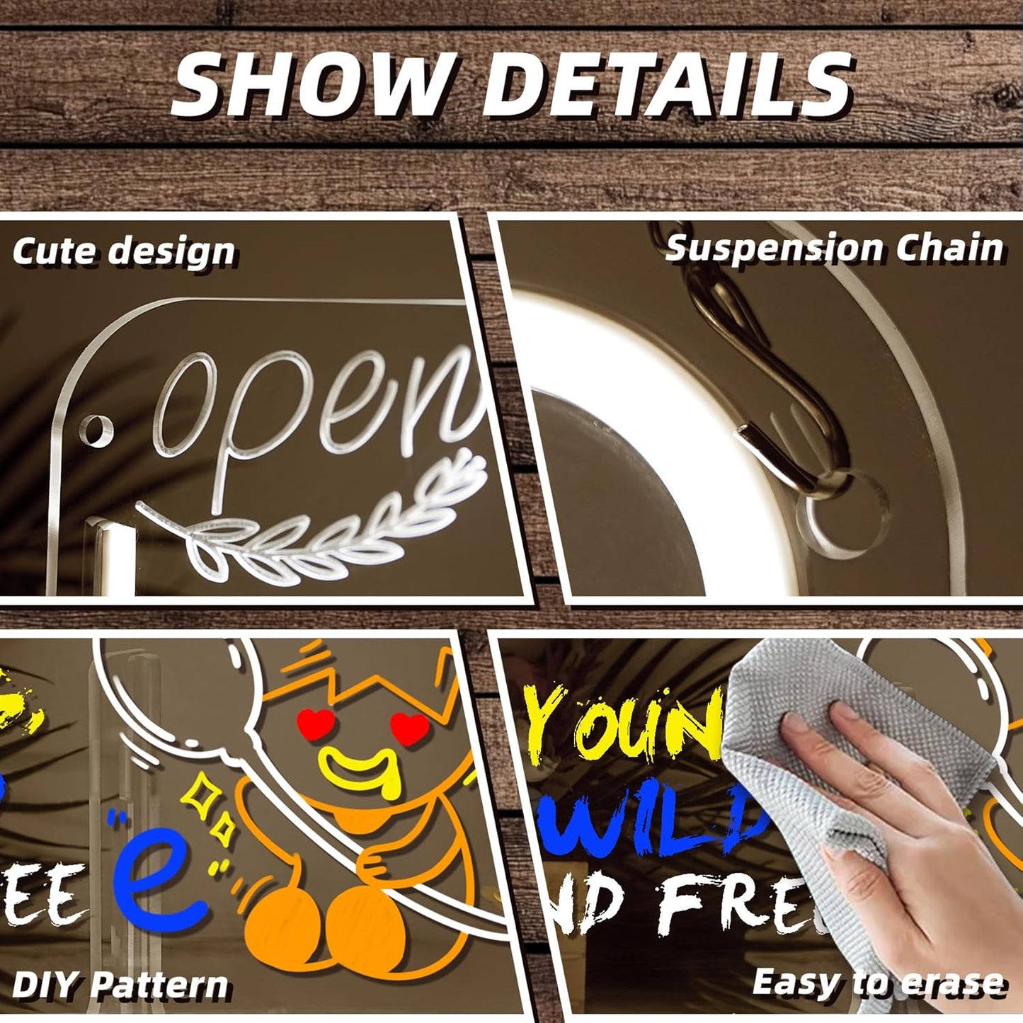 NOSUN OPEN LED Note Board 14.6*9.5” Acrylic Dry Erase Light Up Message Board with Chain and Stand, for Bar Salon Coffee Stores Club Hotel Kids With 7 Color Markers Glow Rewritable Memo Drawing Writing Board
