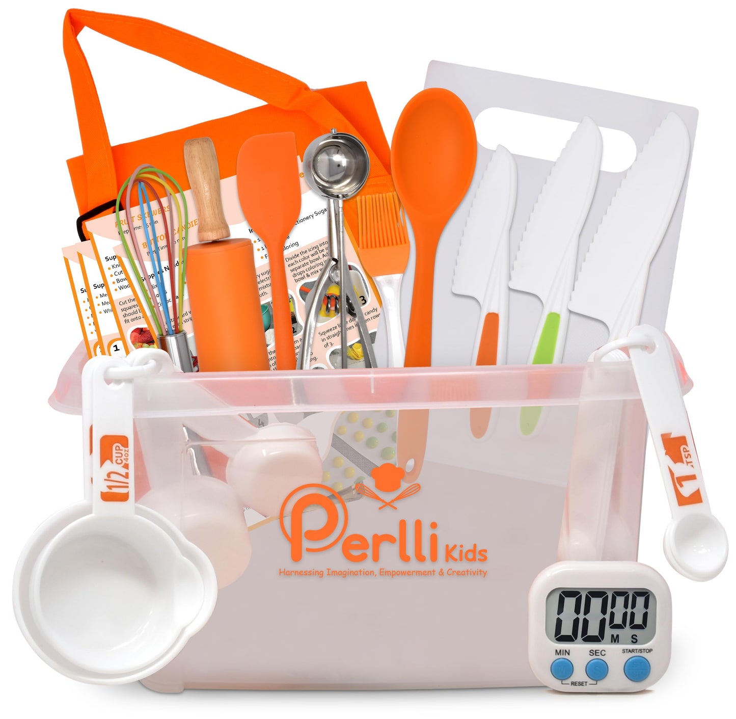 PERLLI Kids Real Cooking Set for Cooking and Baking – 31 Pc. Gift for Junior Chef with Real Utensils, Case & Safe Kids Knife Set for Boys & Girls – Fine Motor Skills & Fun for Children Ages 6+, Orange