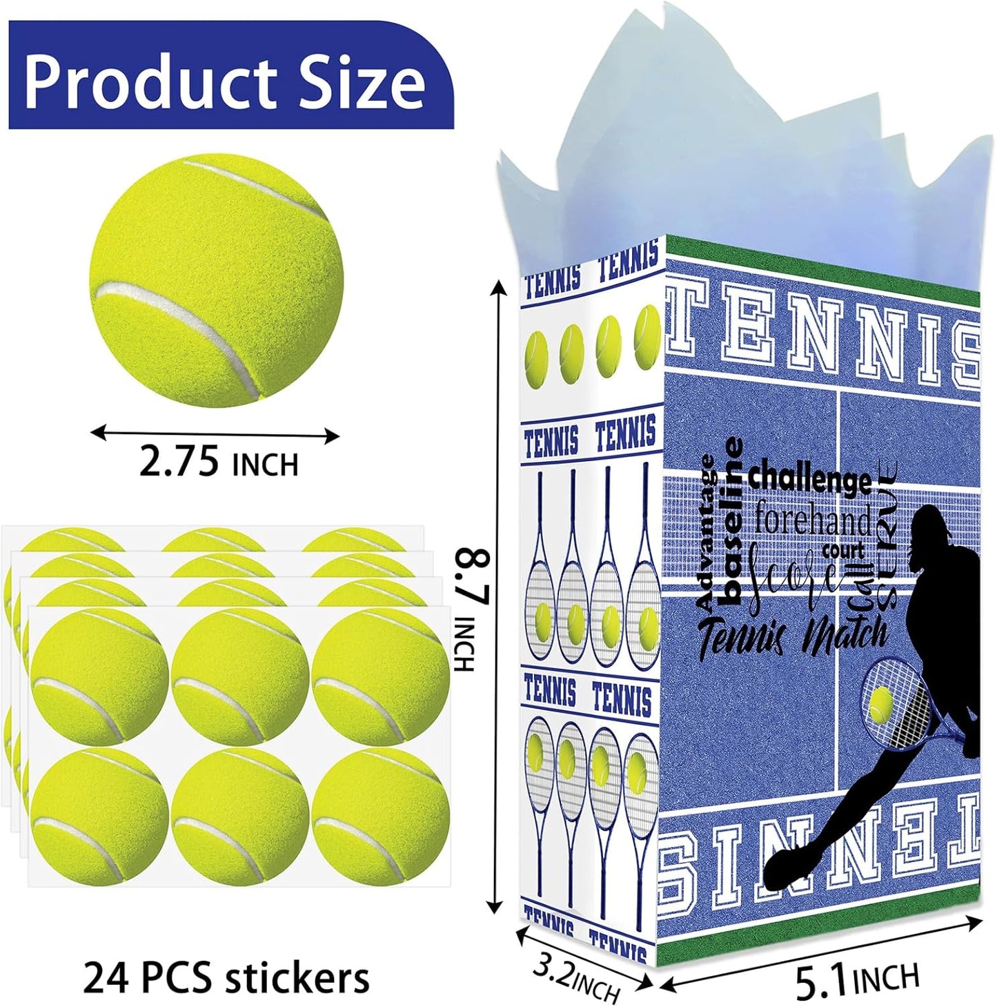 Tennis Party Favor Bags for Kids – 24 Pcs Tennis Gift Bags with 5 Designs, Paper Goodie Bags for Sports Theme Birthday Party Decorations and Supplies