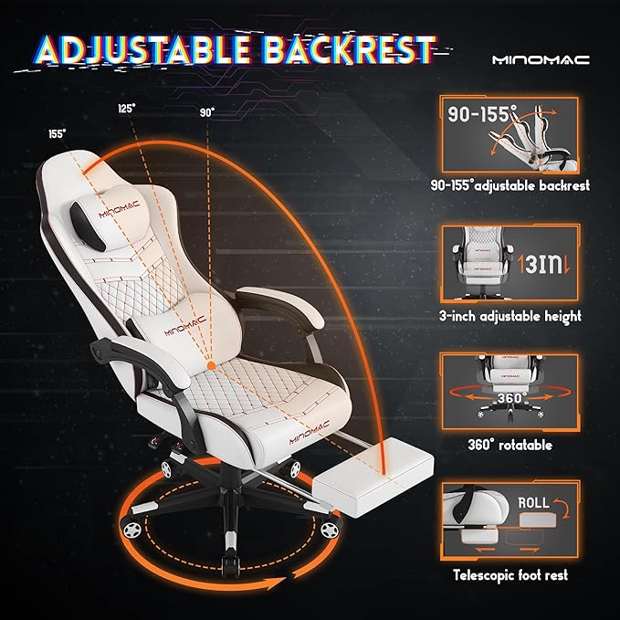 Gaming Chair,Ergonomic Computer Gaming Chair,400lb Load-Bearing,Retractable Footrest/Waist Support/Ergonomic Backrest[Spring + 4D Sponge] (White)