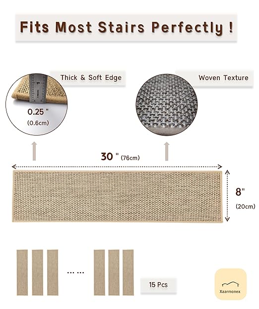 Natural Linen Stair Treads for Wooden Steps, 4 Pcs 8" x 30",Non Slip Stair Runner, Peel and Stick Carpet Indoor for Kids Elders and Pets (4, Beige, 8" x 30")