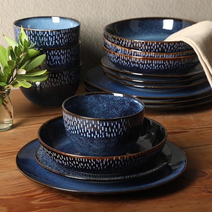 Gibson Elite Matisse 16-Piece Dinnerware Set – Double Bowl Reactive Glaze Cereamic Stoneware in Blue – Plates and Bowls Sets for 4, Microwave & Dishwasher Safe, Rustic Modern Design