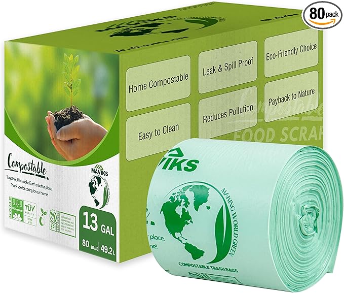 Super Durable Biodegradable Compostable Trash Bags 13 Gallons / 49.2 Liter, Green Biodegradable Trash Bags 80 Pcs, Small Kitchen Compost Bags for Countertop Bin, BPI & OK Compost Certified